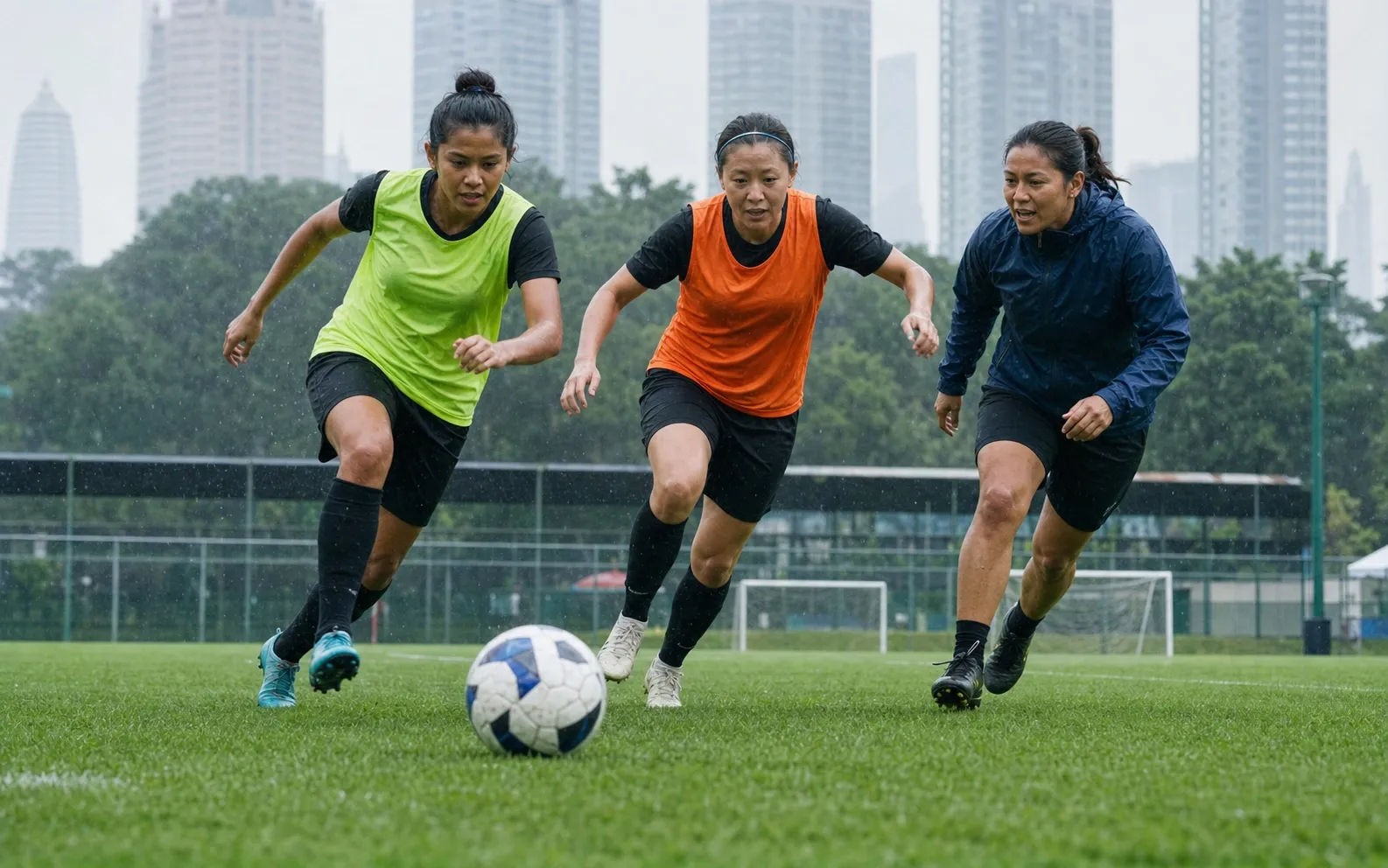 Pelatih sepak bola wanita dan pemain komunitas bereaksi cepat mengejar bola lepas saat latihan