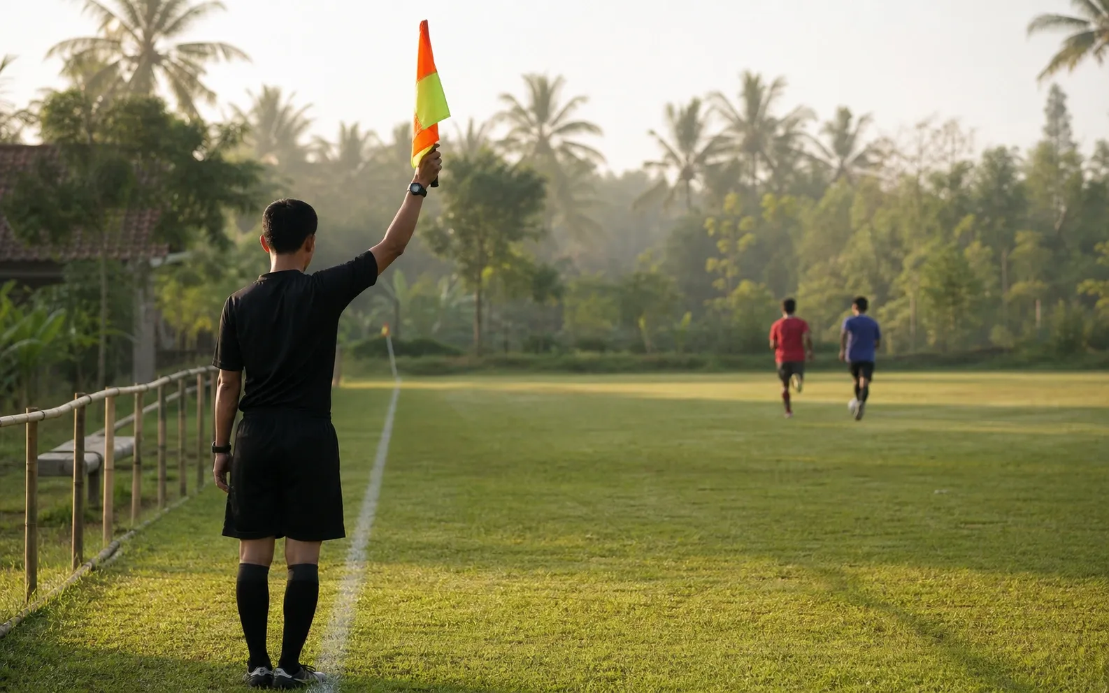 Asisten wasit memegang bendera di garis lapangan dengan pelari jauh di latar
