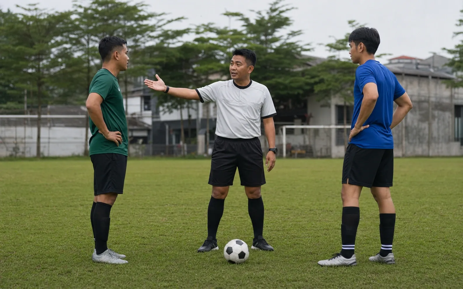 Wasit menjelaskan keputusan handball dengan tenang kepada dua pemain di lapangan