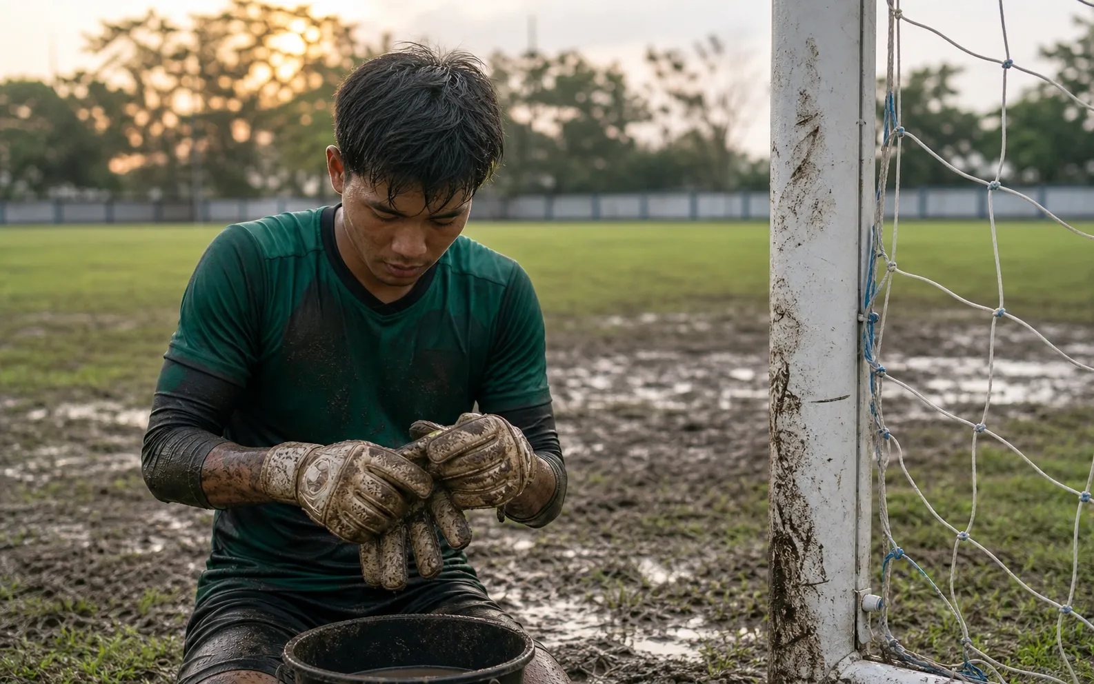 Kiper membersihkan sarung tangan berlumpur di samping gawang yang kosong