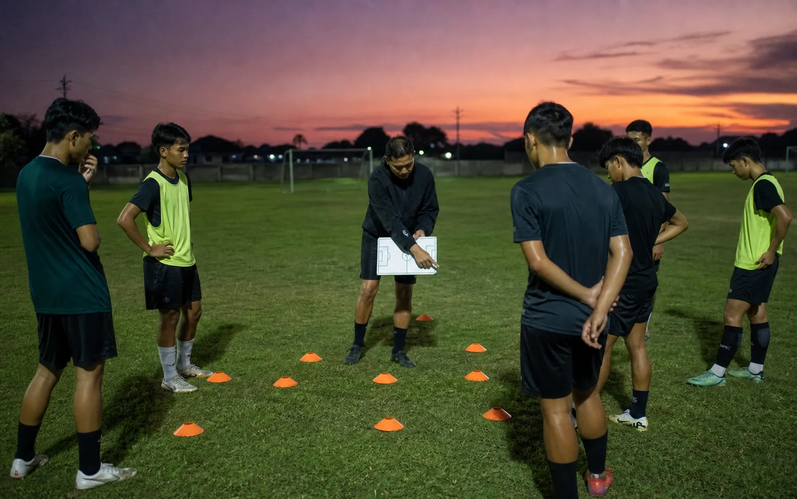 Pelatih menjelaskan bentuk 4-2-3-1 dengan kerucut latihan saat senja