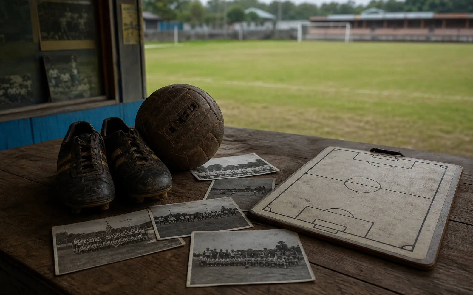 Sepatu bola lama dan papan taktik kosong tersusun di meja arsip sejarah