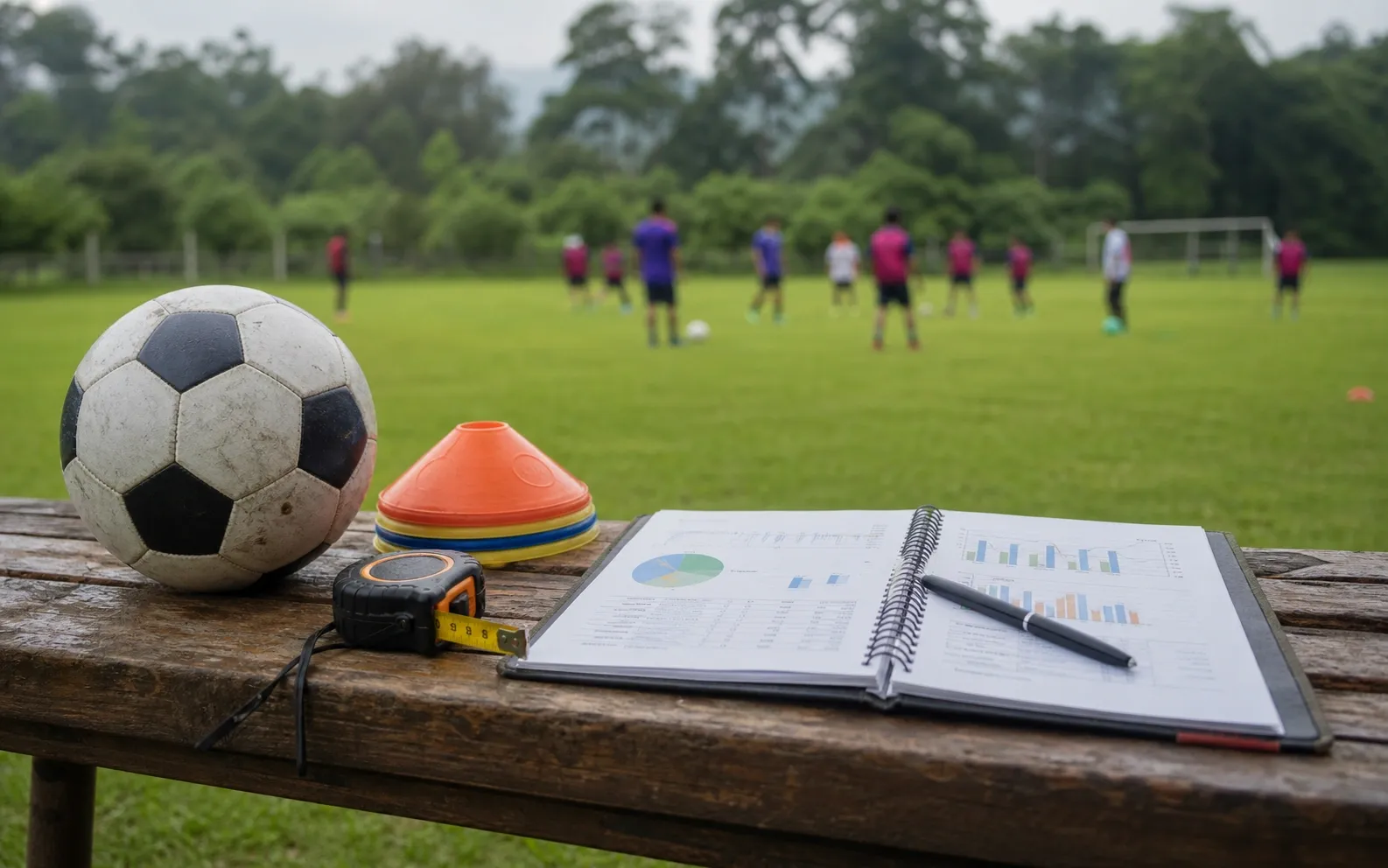 Bola, pita ukur, kerucut, dan buku catatan tanpa angka di bangku latihan