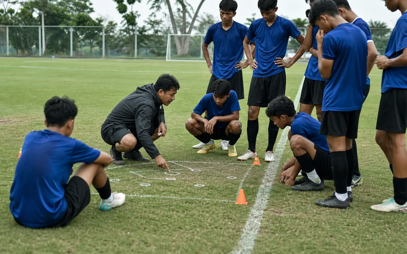 Pelatih menyusun jebakan pressing dengan kerucut di dekat garis samping